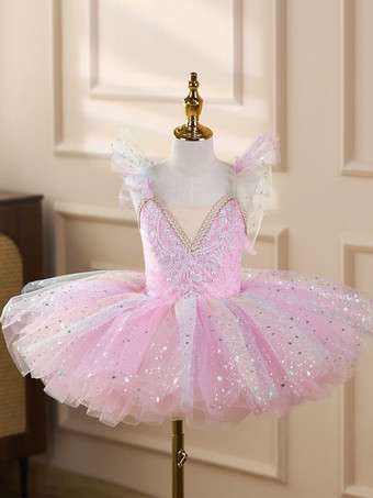 ピンク女の子用バレエチュチュドレス キラキラ輝く白鳥のプリンセスチュールスカート 柔らかくふわふわなダンスコスチューム ステージパフォーマンス用