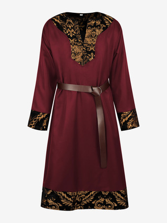 ワインレッド メンズ中世バイキングチュニックルネッサンス海賊騎士コスチュームレースベスト付きロールプレイ衣装ハロウィンコスプレ用