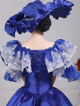 レディース ヴィンテージ ガウンドレス ブルー サテン レース バトー パフスリーブ ドラマショー イブニングドレス