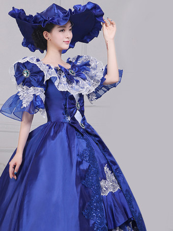 レディース ヴィンテージ ガウンドレス ブルー サテン レース バトー パフスリーブ ドラマショー イブニングドレス