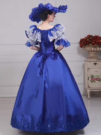 レディース ヴィンテージ ガウンドレス ブルー サテン レース バトー パフスリーブ ドラマショー イブニングドレス