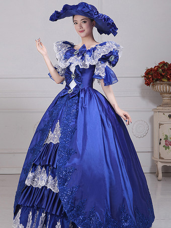 レディース ヴィンテージ ガウンドレス ブルー サテン レース バトー パフスリーブ ドラマショー イブニングドレス