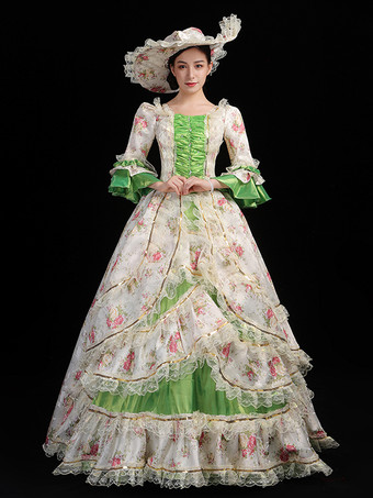 グリーン 女性用ヨーロッパ王室宮廷ガウンヴィンテージビクトリア朝舞踏会ドレスエレガントなプリンセス写真撮影衣装とステージショーパフォーマンスドレス