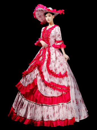 ローズレッド女性用ヨーロッパ王室宮廷ガウンヴィンテージビクトリア朝舞踏会ドレスエレガントなプリンセス写真撮影衣装とステージショーパフォーマンスドレス