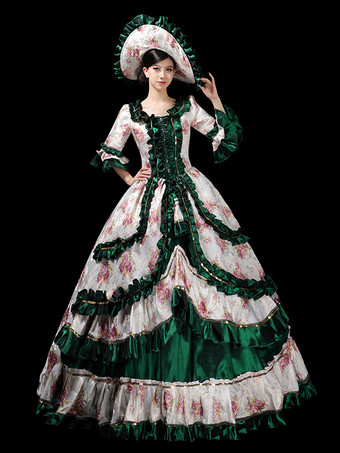 ダークグリーン女性用ヨーロッパ王室宮廷ガウンヴィンテージビクトリア朝舞踏会ドレスエレガントなプリンセス写真撮影衣装とステージショーパフォーマンスドレス