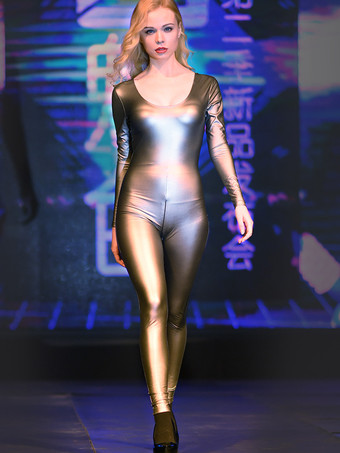 シルバー セクシーなレディースヨガボディスーツ、高伸縮性、全身シェイプウェア、通気性、ワークアウトレオタード