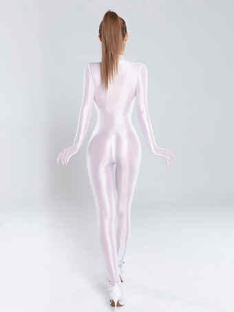 レディース シルキーシャイニージップアップ ハイネックボディスーツ シームレスシェイプウェア ライクラ無地キャットスーツ