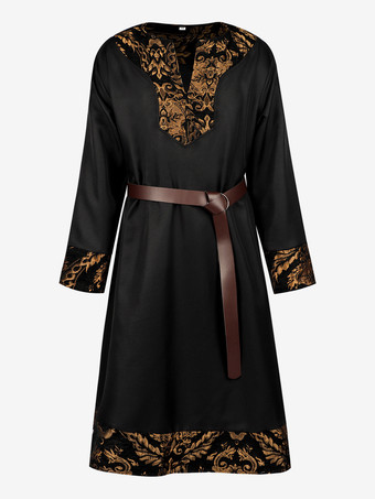 ブラック メンズ中世バイキングチュニックルネッサンス海賊騎士コスチュームレースベスト付きロールプレイ衣装ハロウィンコスプレ用