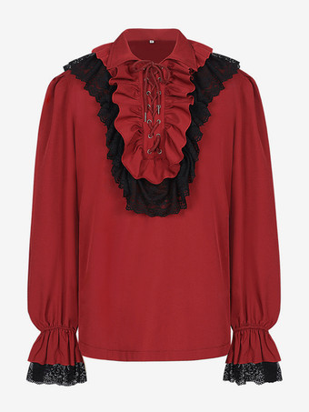 レッド ユニセックスヴィンテージフリルスリーブブラウスビクトリア朝スタイルのタイネックトレンドルネッサンス風トップス バーガンディ