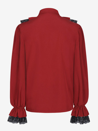 ユニセックスヴィンテージフリルスリーブブラウスビクトリア朝スタイルのタイネックトレンドルネッサンス風トップス バーガンディ