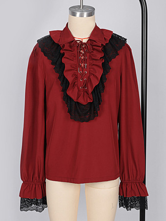 ユニセックスヴィンテージフリルスリーブブラウスビクトリア朝スタイルのタイネックトレンドルネッサンス風トップス バーガンディ