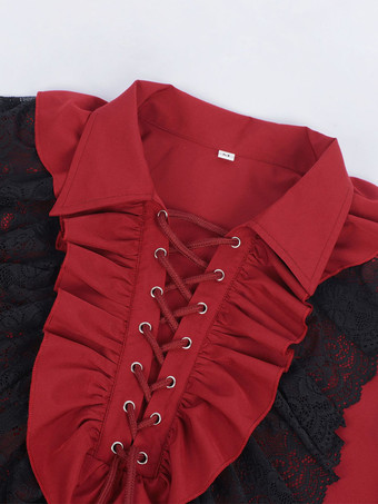 ユニセックスヴィンテージフリルスリーブブラウスビクトリア朝スタイルのタイネックトレンドルネッサンス風トップス バーガンディ