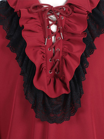 ユニセックスヴィンテージフリルスリーブブラウスビクトリア朝スタイルのタイネックトレンドルネッサンス風トップス バーガンディ