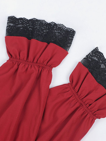 ユニセックスヴィンテージフリルスリーブブラウスビクトリア朝スタイルのタイネックトレンドルネッサンス風トップス バーガンディ