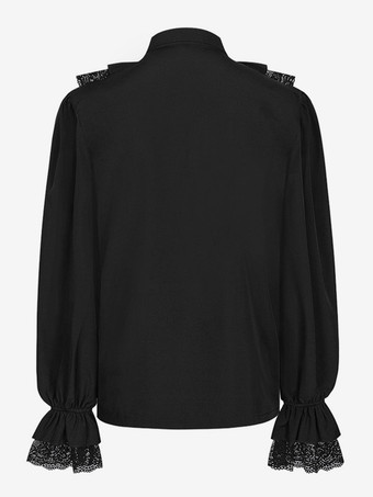 ブラック ユニセックスヴィンテージフリルスリーブブラウスビクトリア朝スタイルのタイネックトレンドルネッサンス風トップス バーガンディ