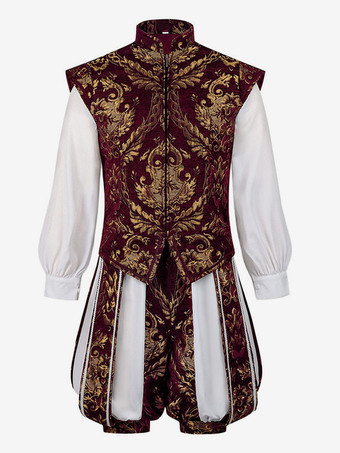 ワインレッド 男性用ルネッサンス王子コスチューム ロイヤルダブレットとパンプキンブリーチーズセット 中世貴族の衣装