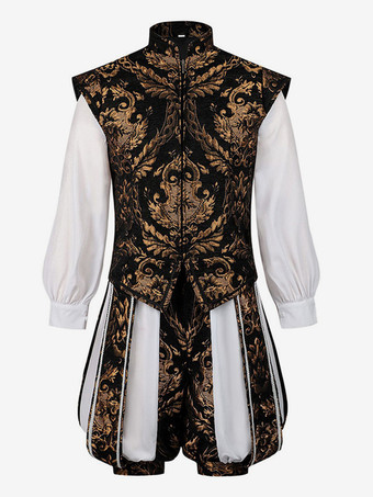 ブラック 男性用ルネッサンス王子コスチューム ロイヤルダブレットとパンプキンブリーチーズセット 中世貴族の衣装