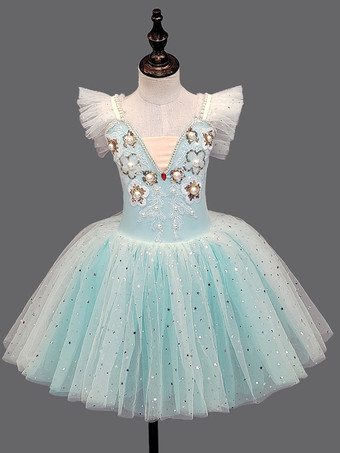 ライトスカイブルー女の子用バレエチュチュドレス ふわふわチュール プリンセスダンススカート 白鳥コスチューム リサイタルパフォーマンスやバレエクラス用