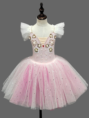 ピンク女の子用バレエチュチュドレス ふわふわチュール プリンセスダンススカート 白鳥コスチューム リサイタルパフォーマンスやバレエクラス用
