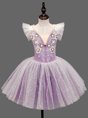 パープル 女の子用バレエチュチュドレス ふわふわチュール プリンセスダンススカート 白鳥コスチューム リサイタルパフォーマンスやバレエクラス用