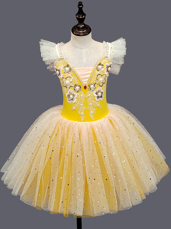 イエロー女の子用バレエチュチュドレス ふわふわチュール プリンセスダンススカート 白鳥コスチューム リサイタルパフォーマンスやバレエクラス用