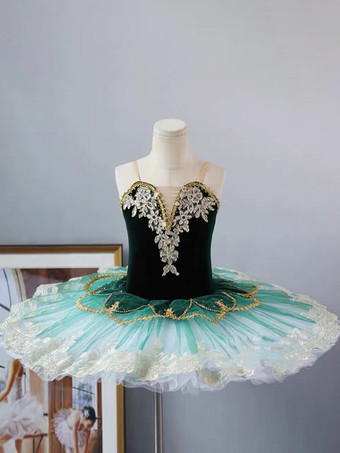 ダークグリーン女の子用バレエチュチュドレス ふわふわチュール プリンセスダンススカート 白鳥の湖コスチューム リサイタルパフォーマンスやバレエクラス用