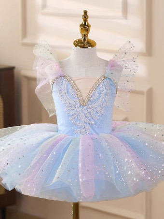 ライトスカイブルー女の子用バレエチュチュドレス キラキラ輝く白鳥のプリンセスチュールスカート 柔らかくふわふわなダンスコスチューム ステージパフォーマンス用