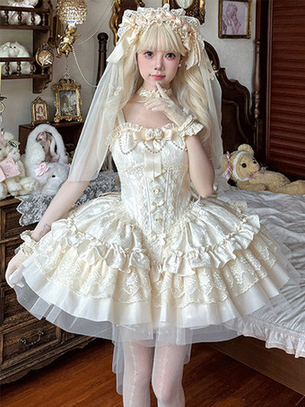 アイボリー スイートロリータケーキパフドレス、可愛いミニスカート、チュールレイヤード、キュートなプリンセスパーティードレス