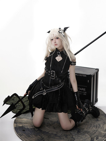   ゴシックロリータドレス ダークエレガント JSK ドレス レースとフリル付き コスプレ衣装