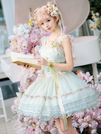 グリーン スイートロリータケーキパフドレス、キュートなバレエ風ミニスカート、チュールレイヤード、かわいいプリンセスパーティードレス