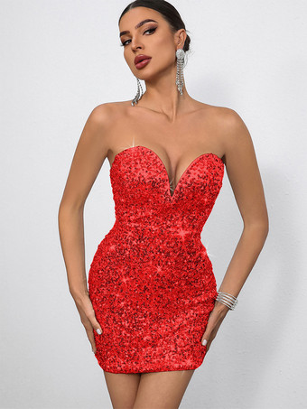 レッド 2025年のパーティーにぴったりな、スウィートハートネックとリボンバックのスパンコールボディコンミニドレス