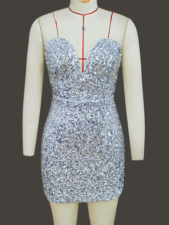 2025年のパーティーにぴったりな、スウィートハートネックとリボンバックのスパンコールボディコンミニドレス