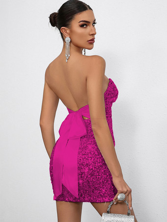 2025年のパーティーにぴったりな、スウィートハートネックとリボンバックのスパンコールボディコンミニドレス