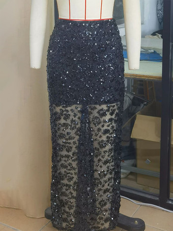 パーティーやクラブに最適な、ハイスリット入りのブラックスパンコールシアーロングスカート（2025年）