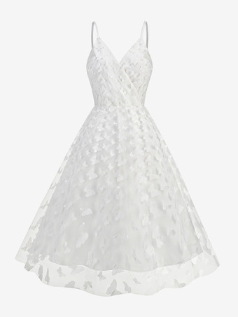 ホワイト 2025年夏にぴったりの、3DフローラルアップリケとVネックのノースリーブミディ丈ヴィンテージドレス