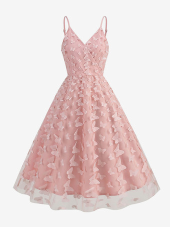 ピンク2025年夏にぴったりの、3DフローラルアップリケとVネックのノースリーブミディ丈ヴィンテージドレス