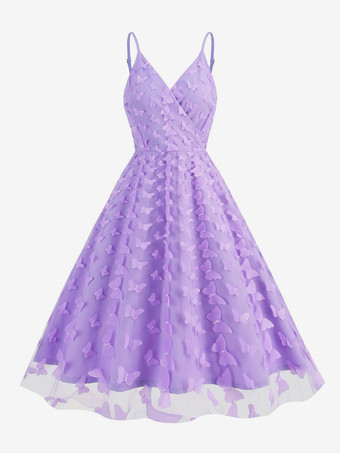 パープル 2025年夏にぴったりの、3DフローラルアップリケとVネックのノースリーブミディ丈ヴィンテージドレス