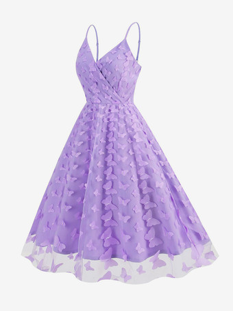 2025年夏にぴったりの、3DフローラルアップリケとVネックのノースリーブミディ丈ヴィンテージドレス