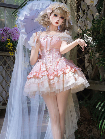 ピンクスイートロリータケーキパフドレス、可愛いミニスカート、チュールレイヤード、キュートなプリンセスパーティードレス