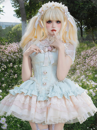 グリーン スイートロリータケーキパフドレス、可愛いミニスカート、チュールレイヤード、キュートなプリンセスパーティードレス