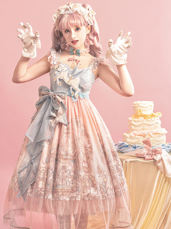スイートロリータJSKドレス、かわいいプリンセスティアードフリルサンドレス、ピンク、キュートカジュアルロリータ