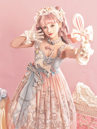 スイートロリータJSKドレス、かわいいプリンセスティアードフリルサンドレス、ピンク、キュートカジュアルロリータ