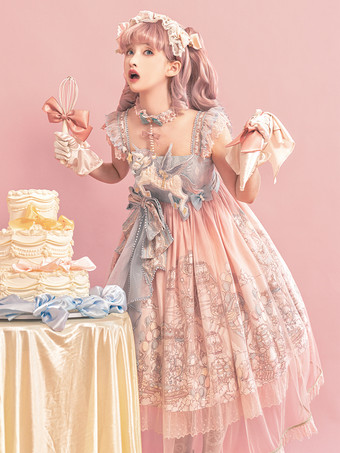 スイートロリータJSKドレス、かわいいプリンセスティアードフリルサンドレス、ピンク、キュートカジュアルロリータ