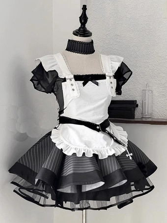 ハロウィン ヴィンテージエレガントメイドドレス、日本のロリータスタイルのティアードエプロンドレス、レーストリム付き、かわいいゴシック貴族の制服