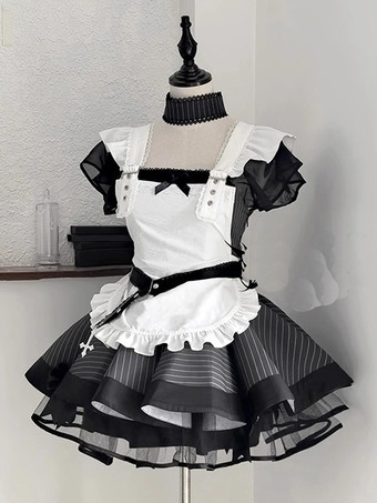 ハロウィン ヴィンテージエレガントメイドドレス、日本のロリータスタイルのティアードエプロンドレス、レーストリム付き、かわいいゴシック貴族の制服