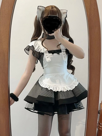 ハロウィン ヴィンテージエレガントメイドドレス、日本のロリータスタイルのティアードエプロンドレス、レーストリム付き、かわいいゴシック貴族の制服