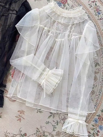 Blusas dulces de Lolita top de Lolita con volantes blusa de manga larga camisa de Lolita color crudo y blanco