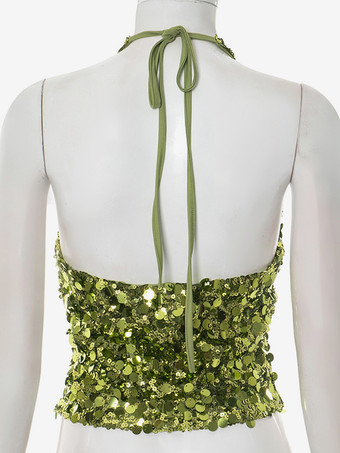 パーティーやカジュアルウェアにぴったりのホルターネックのグリーンスパンコールクロップトップ（2025年）