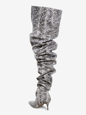 セクシーなワイドカーフブーツ、ハイヒール、スネーク柄、ポインテッドトゥ、スラウチオーバーニーブーツ