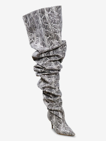 セクシーなワイドカーフブーツ、ハイヒール、スネーク柄、ポインテッドトゥ、スラウチオーバーニーブーツ